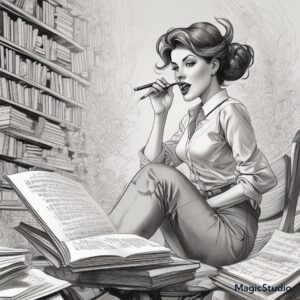 an image of a writer surrounded by books to accompany Penname Marie's "Sampled Writing" written 3/17/2025 and created by author with use of ai