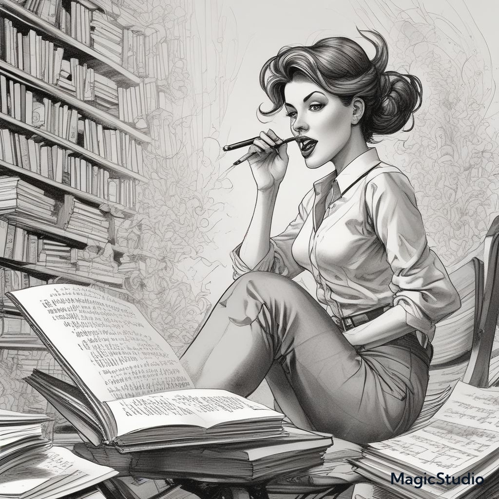 an image of a writer surrounded by books to accompany Penname Marie's "Sampled Writing" written 3/17/2025 and created by author with use of ai