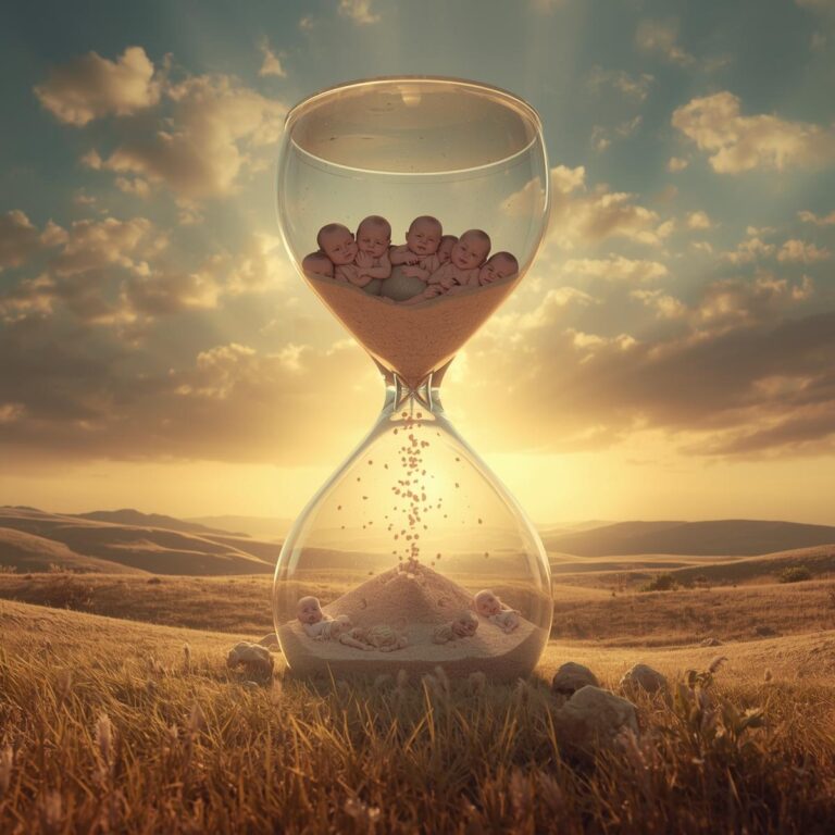 a giant glass sand timer that is full of babies